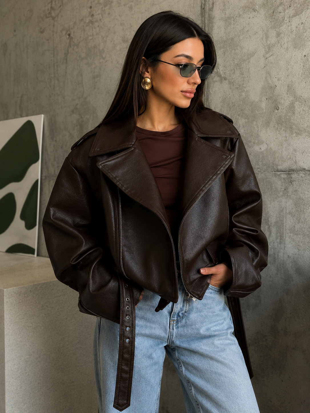 Women’s Brown Faux Leather Biker Jacket with Belt & Zip Detail