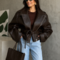 Women’s Brown Faux Leather Biker Jacket with Belt & Zip Detail