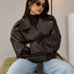 Women’s Brown Faux Leather Biker Jacket with Belt & Zip Detail
