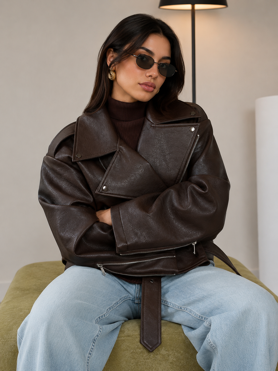 Women’s Brown Faux Leather Biker Jacket with Belt & Zip Detail