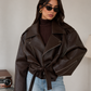 Women’s Brown Faux Leather Biker Jacket with Belt & Zip Detail