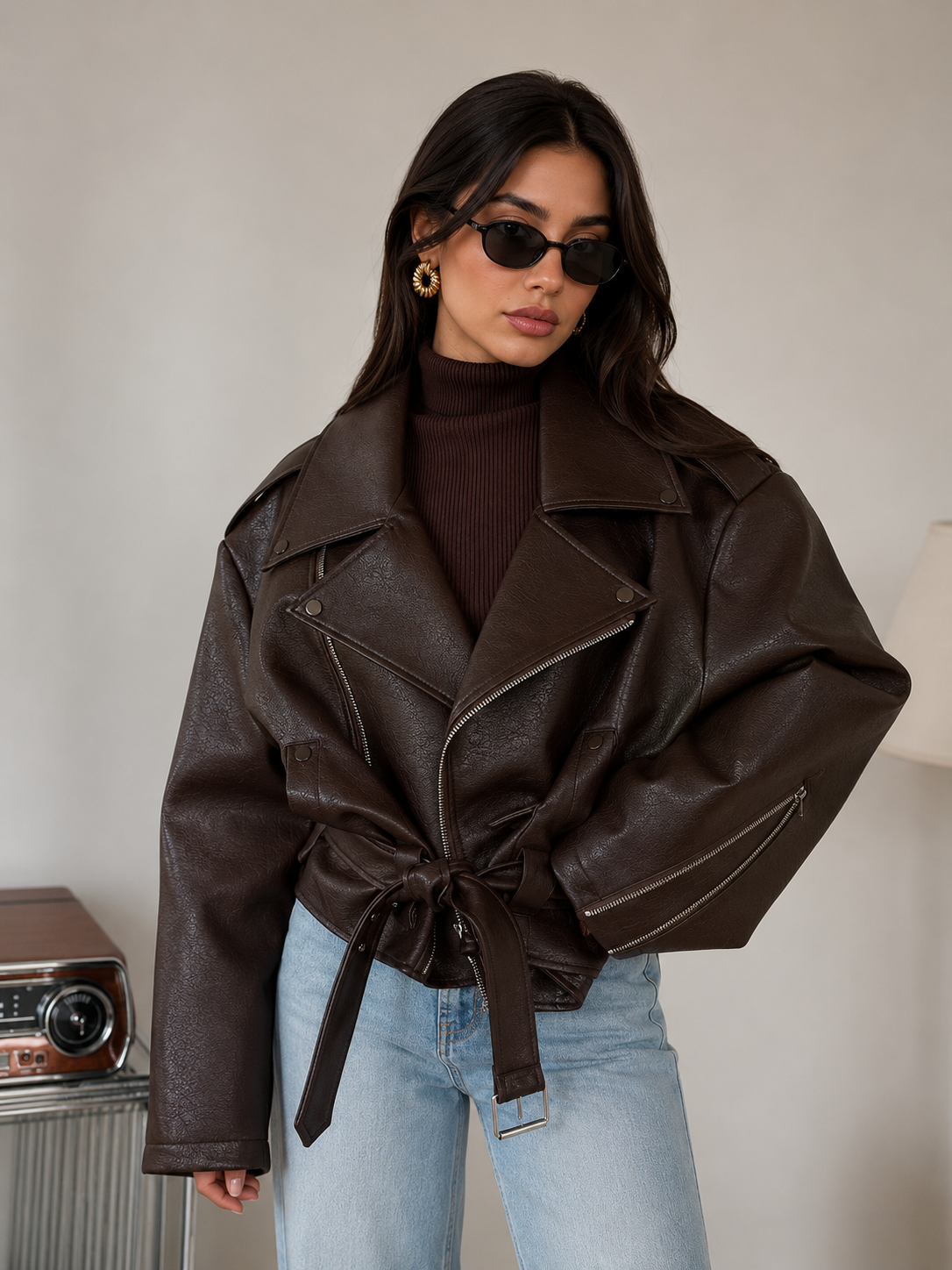 Women’s Brown Faux Leather Biker Jacket with Belt & Zip Detail