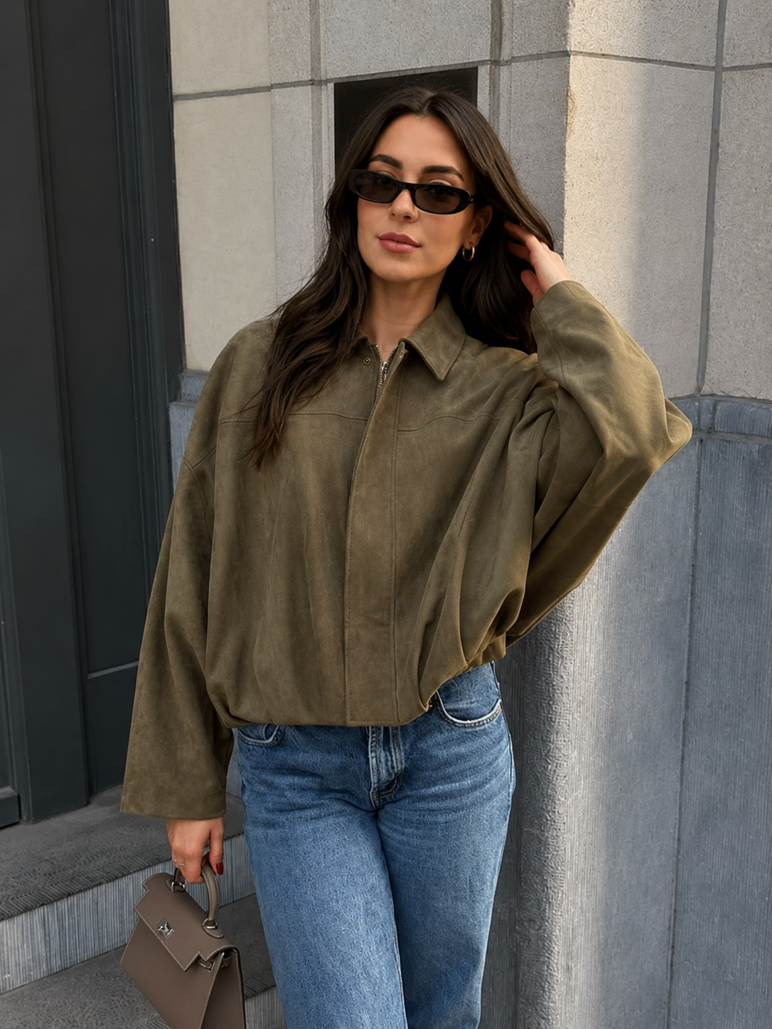 Women’s Suede-Effect Batwing Jacket with Lapel Collar for Casual & Winter Wear