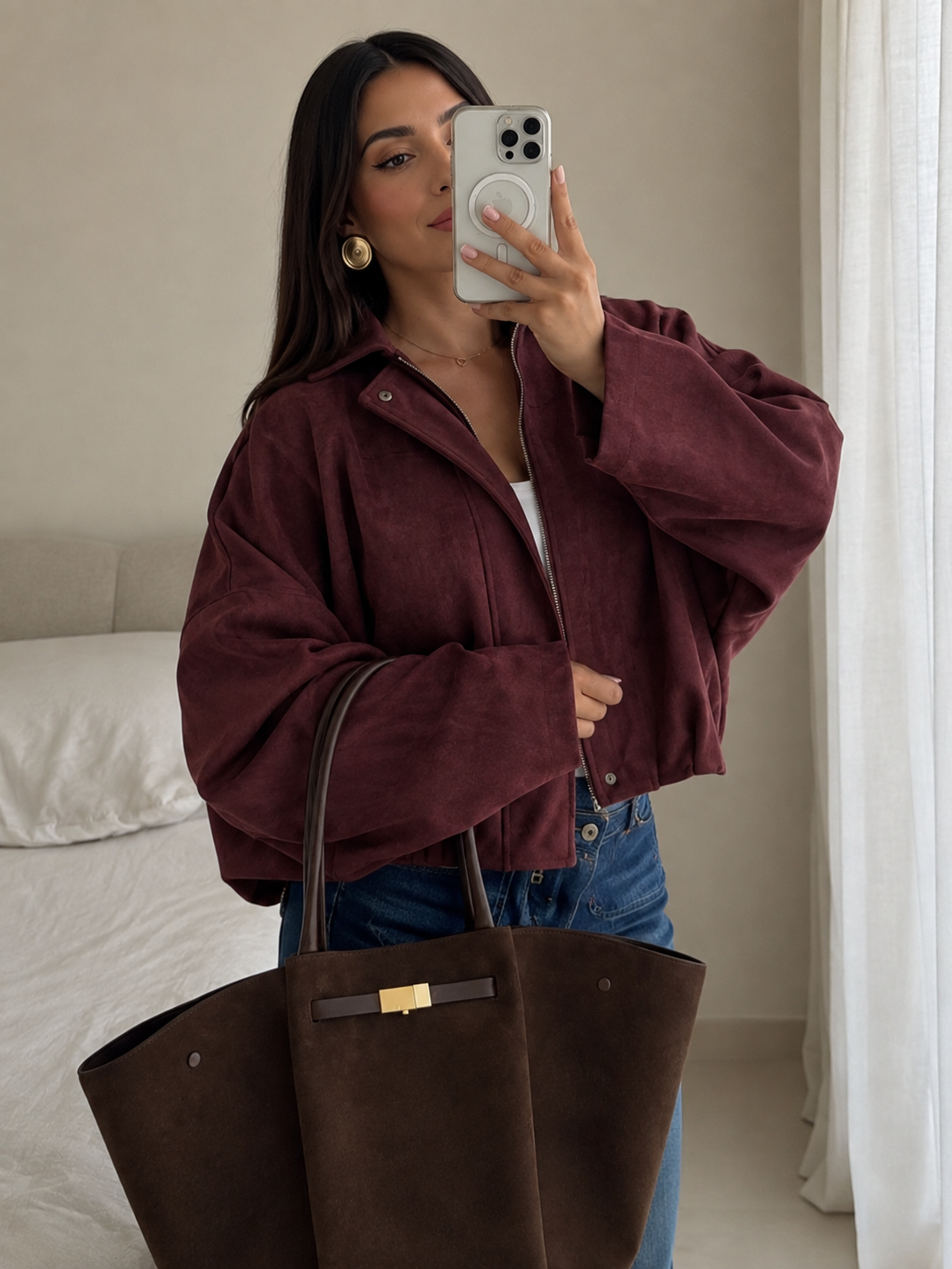 Women’s Suede-Effect Batwing Jacket with Lapel Collar for Casual & Winter Wear