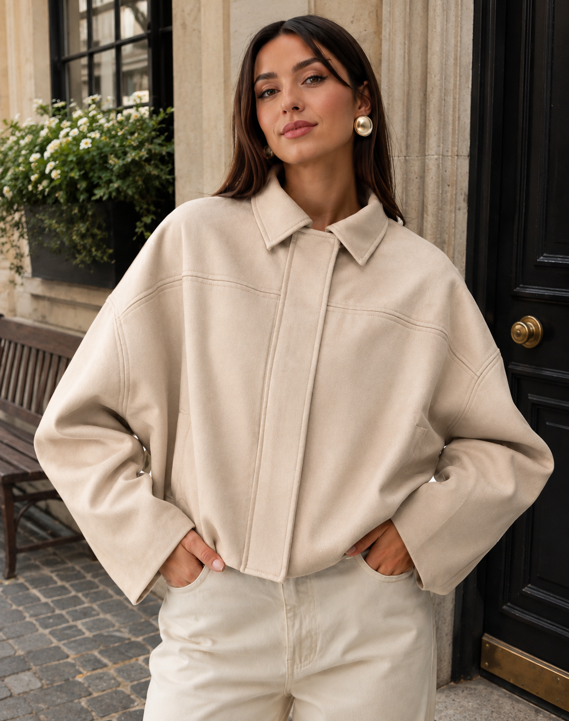 Women’s Suede-Effect Batwing Jacket with Lapel Collar for Casual & Winter Wear