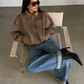 Women’s Suede-Effect Batwing Jacket with Lapel Collar for Casual & Winter Wear