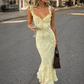 Women's Floral Ruffle Strap Backless Maxi Dress – Yellow