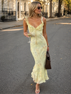 Women's Floral Ruffle Strap Backless Maxi Dress – Yellow