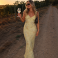 Women's Floral Ruffle Strap Backless Maxi Dress – Yellow