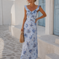 Women's Floral Ruffle Strap Backless Maxi Dress – Blue