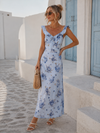 Women's Floral Ruffle Strap Backless Maxi Dress – Blue