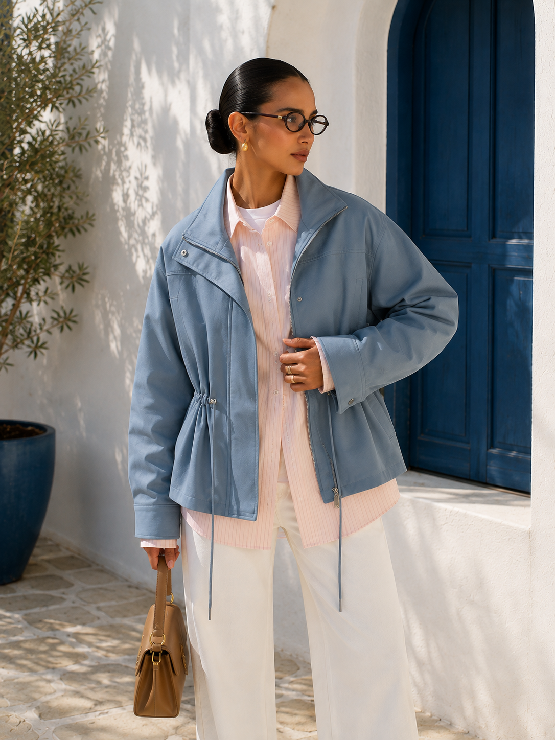 Women's Drawstring Waist Jacket with Stand Collar – Blue