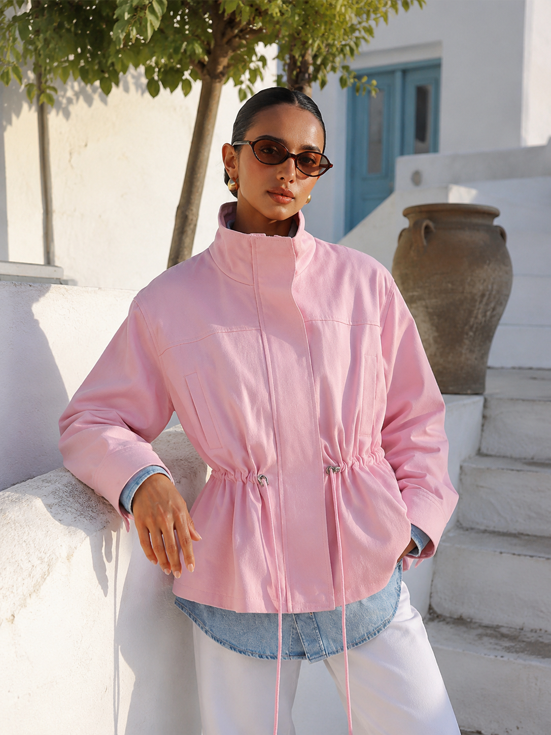 Women's Drawstring Waist Jacket with Stand Collar – Soft Pink
