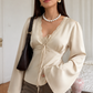Women's Satin Lace Trim Tie Front Flare Sleeve Blouse – Beige