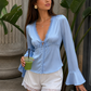 Women's Satin Lace Trim Tie Front Flare Sleeve Blouse – Sky Blue