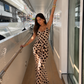 Women's Animal Print Slip Maxi Dress with Scarf – Beige Animal Print