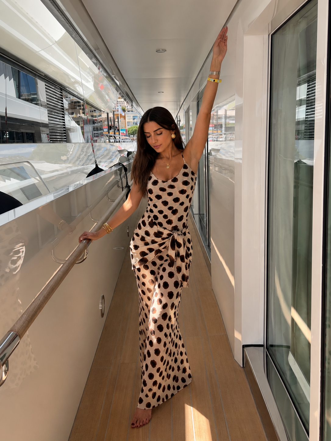 Women's Animal Print Slip Maxi Dress with Scarf – Beige Animal Print