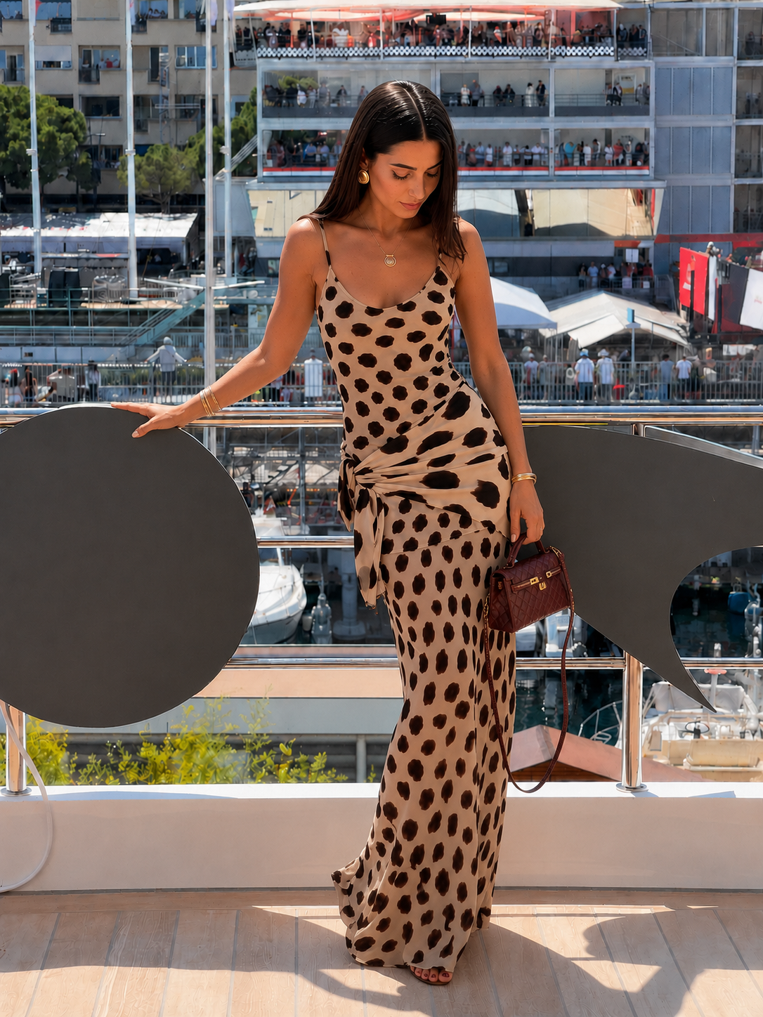 Women's Animal Print Slip Maxi Dress with Scarf – Beige Animal Print