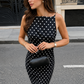 Women's Backless Maxi Dress with Beaded Straps – Black Polka Dot