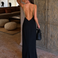 Women's Backless Maxi Dress with Beaded Straps – Black