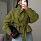 Women's Green Belted Puff Sleeve Cropped Jacket – Olive Green