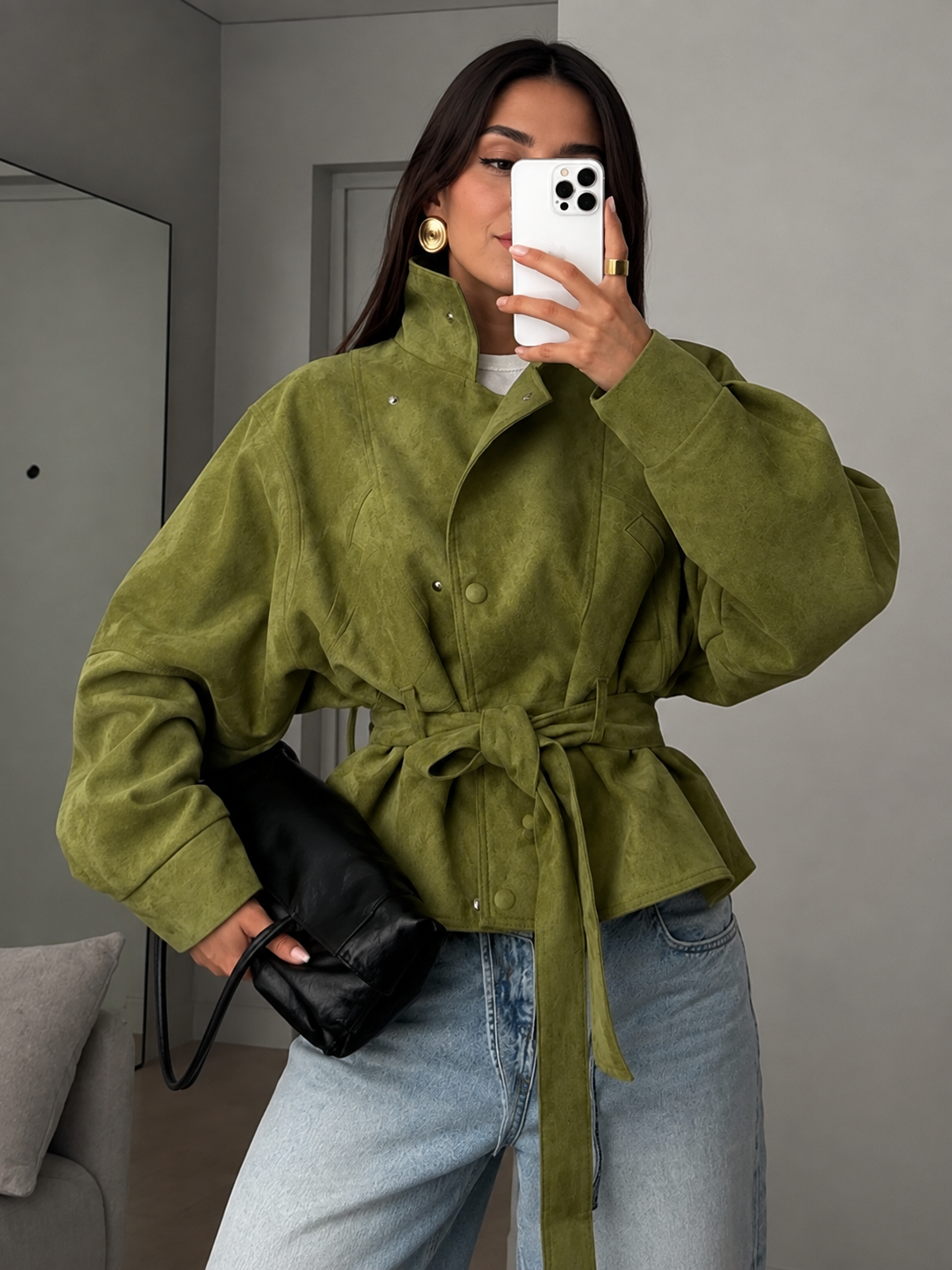 Women's Green Belted Puff Sleeve Cropped Jacket – Olive Green
