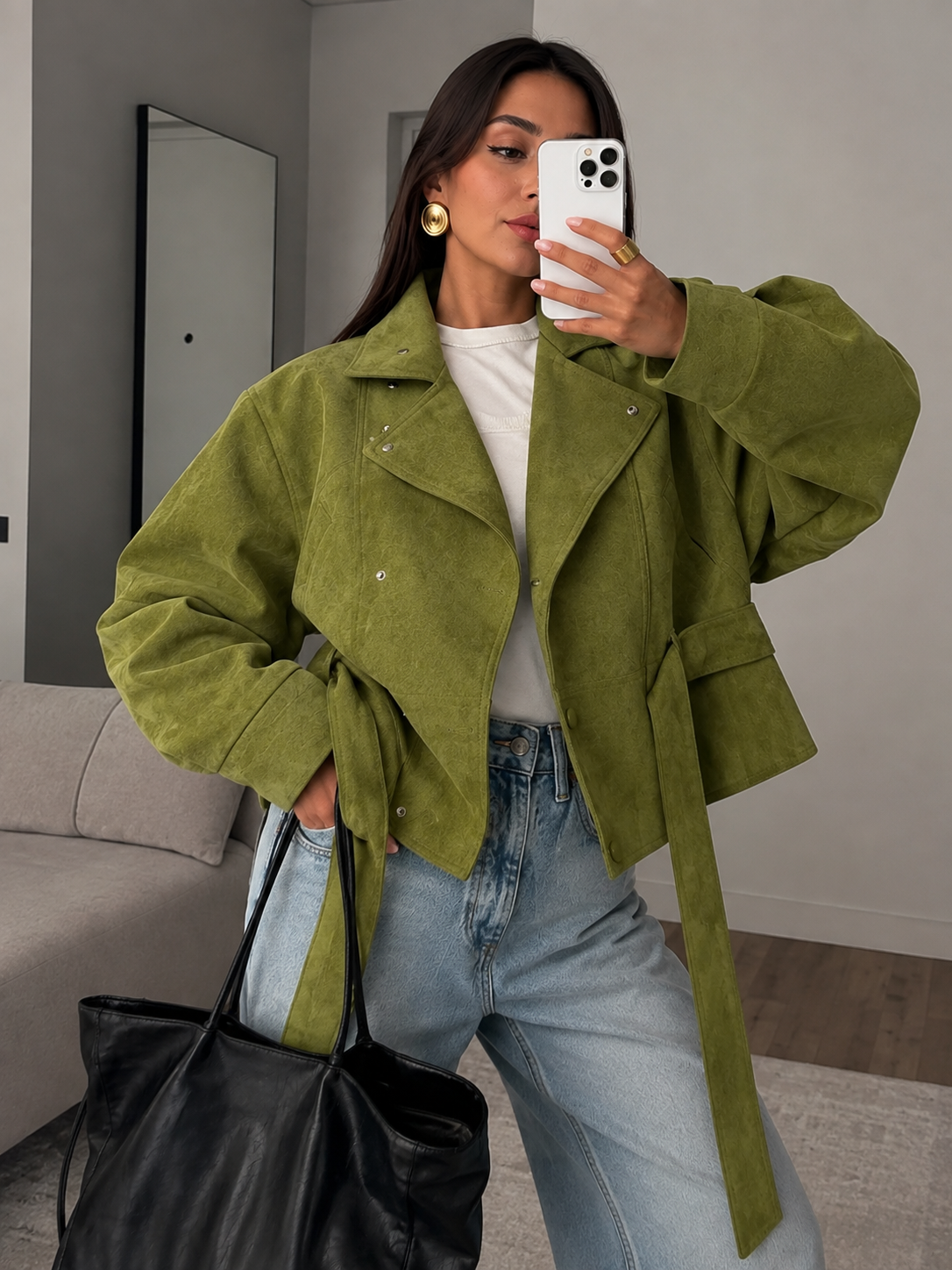 Women's Green Belted Puff Sleeve Cropped Jacket – Olive Green