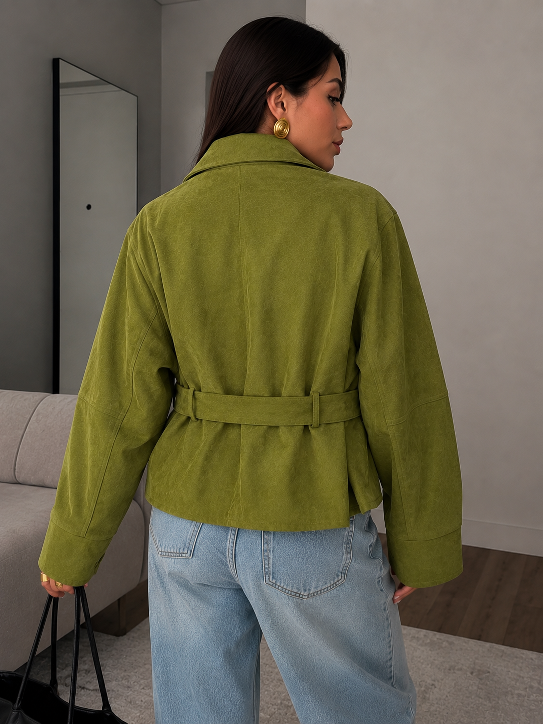 Women's Green Belted Puff Sleeve Cropped Jacket – Olive Green