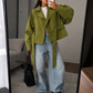 Women's Green Belted Puff Sleeve Cropped Jacket – Olive Green