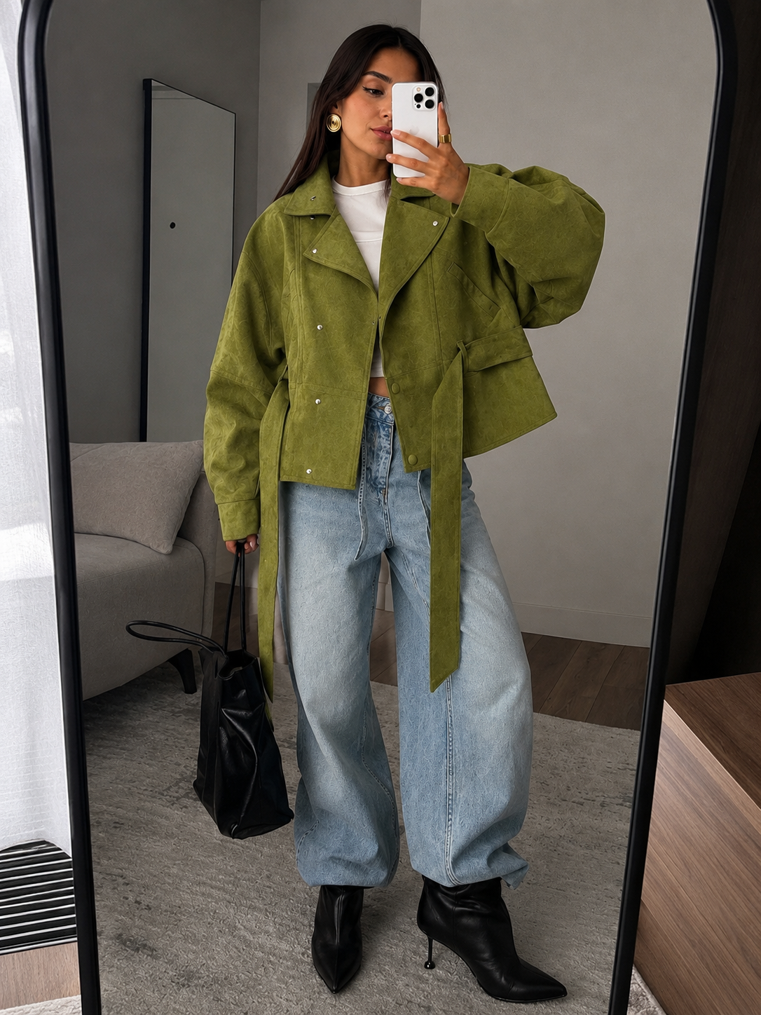 Women's Green Belted Puff Sleeve Cropped Jacket – Olive Green