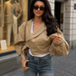 Women’s Lace-Up Cropped Jacket with Puff Sleeves & Lapel Collar for Autumn & Evening Wear
