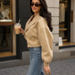 Women’s Lace-Up Cropped Jacket with Puff Sleeves & Lapel Collar for Autumn & Evening Wear
