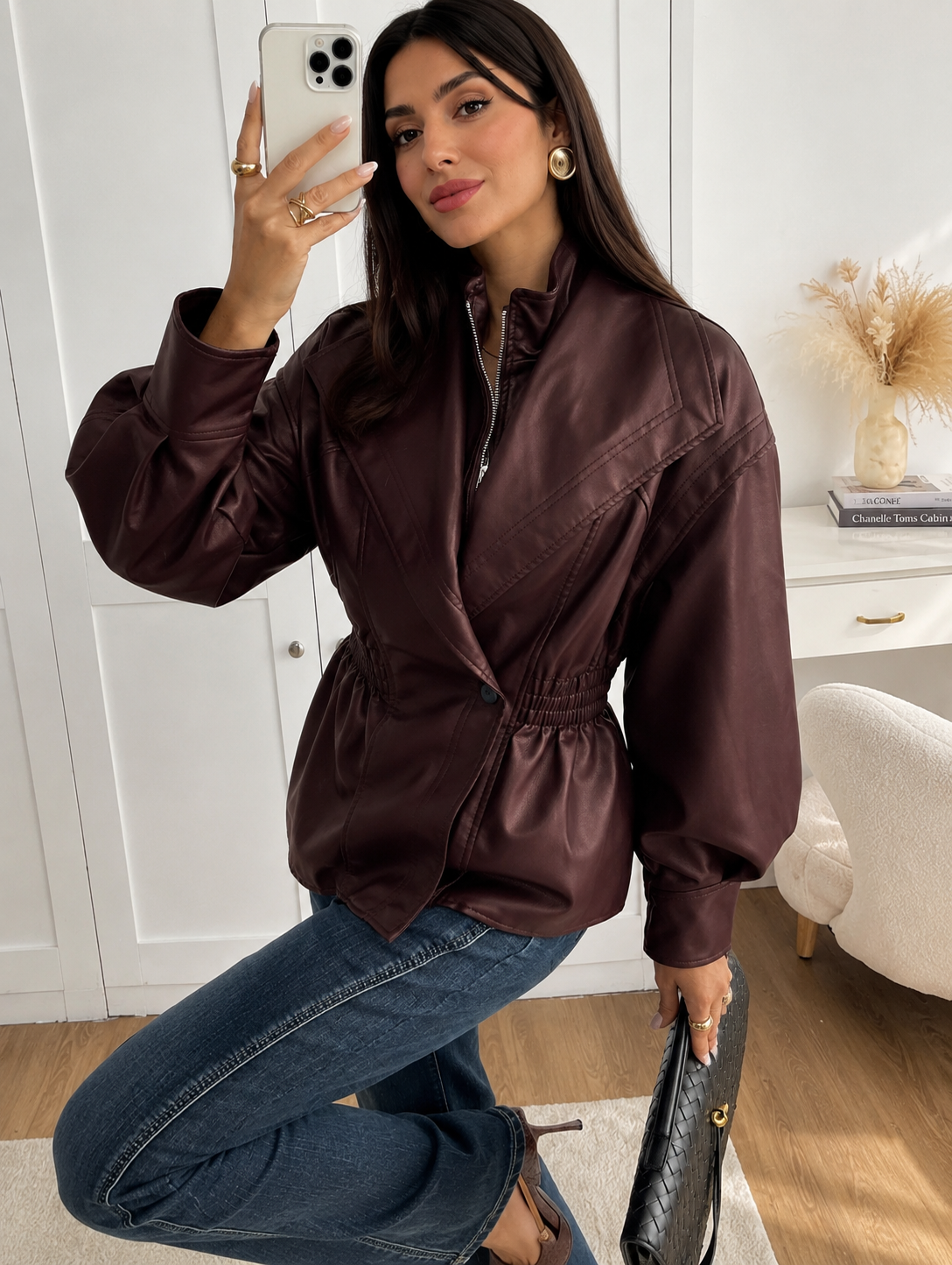 Women's Faux Leather Peplum Jacket with Zip Front – Burgundy