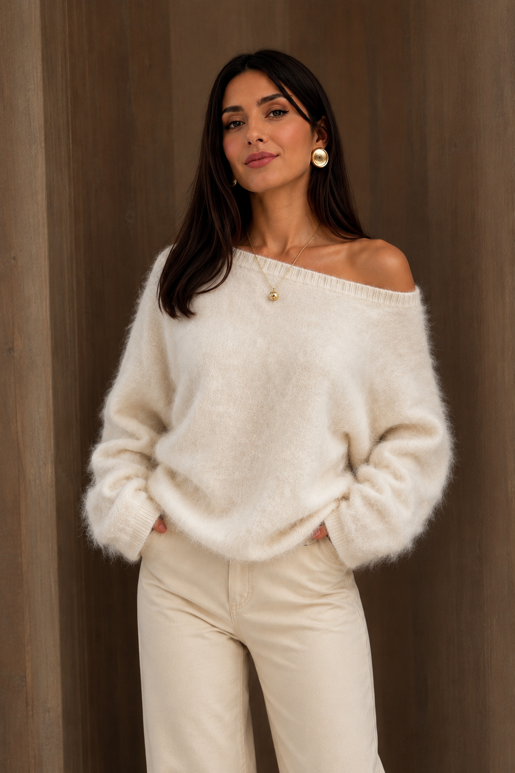Women's Fluffy Off-Shoulder Knit Jumper – White