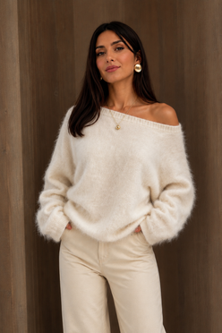 Women's Fluffy Off-Shoulder Knit Jumper – White