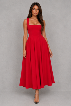 Women’s Square Neck A-Line Midi Dress for Work & Occasion Wear