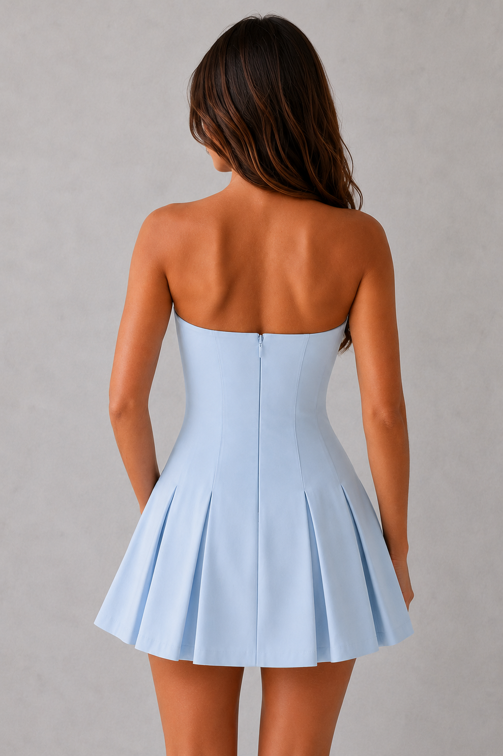 Women’s Strapless Crepe Mini Dress with Box Pleat Skirt