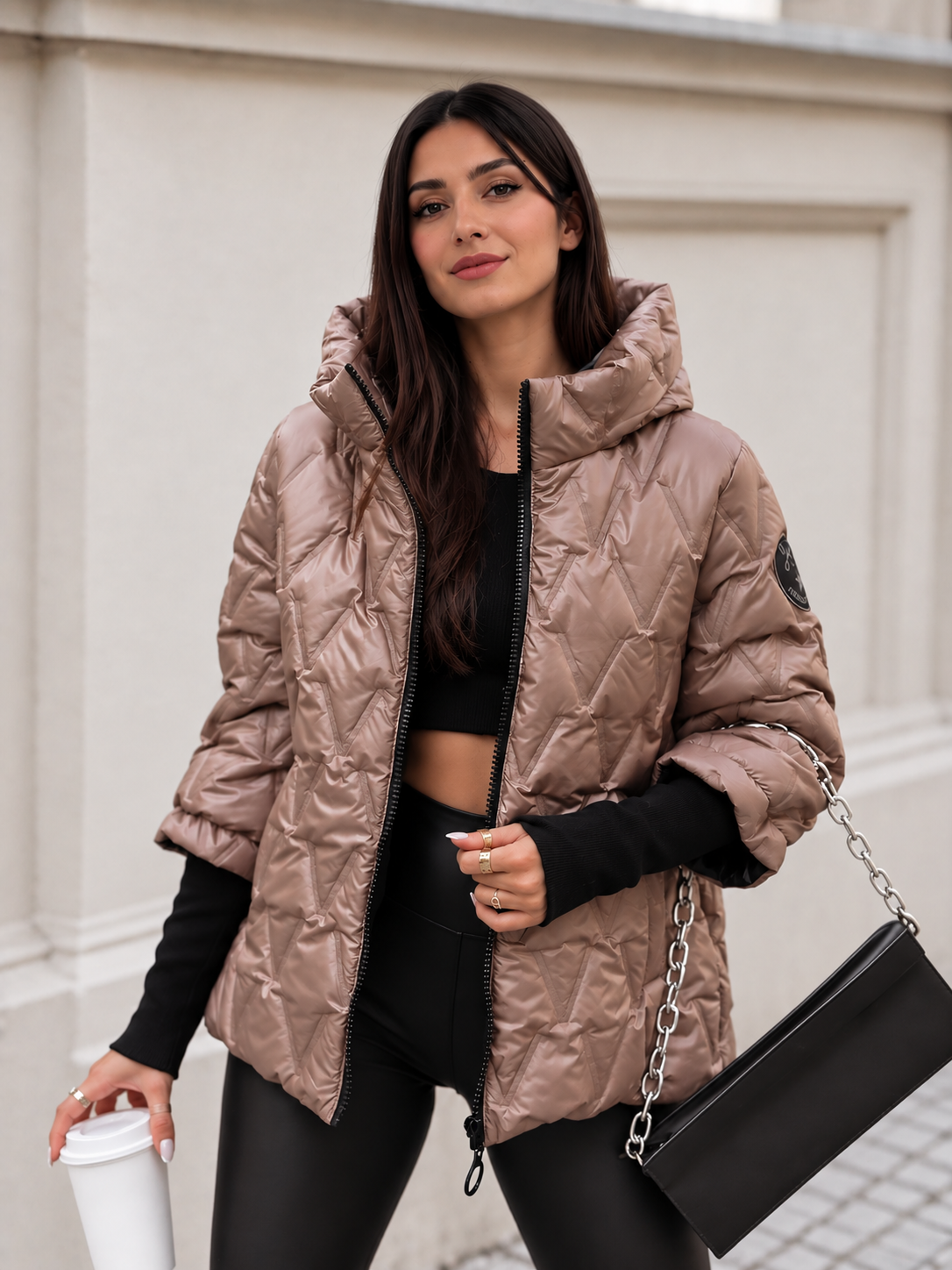 Women's Glossy Quilted Hooded Puffer Jacket – Brown