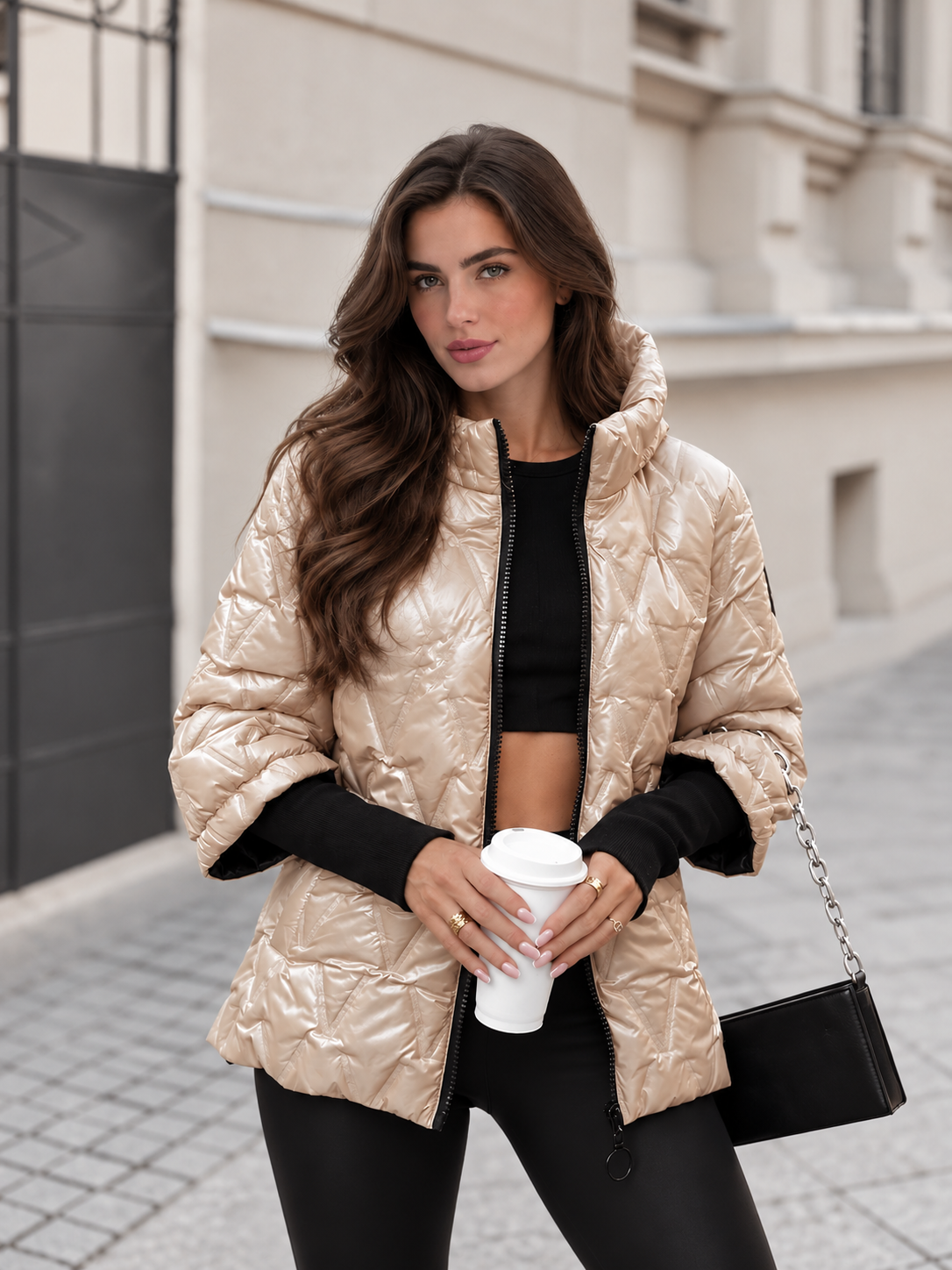 Women's Glossy Quilted Hooded Puffer Jacket – Beige