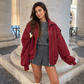 Women's Oversized Contrast Stitch Bomber Jacket – Burgundy