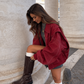 Women's Oversized Contrast Stitch Bomber Jacket – Burgundy
