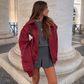 Women's Oversized Contrast Stitch Bomber Jacket – Burgundy
