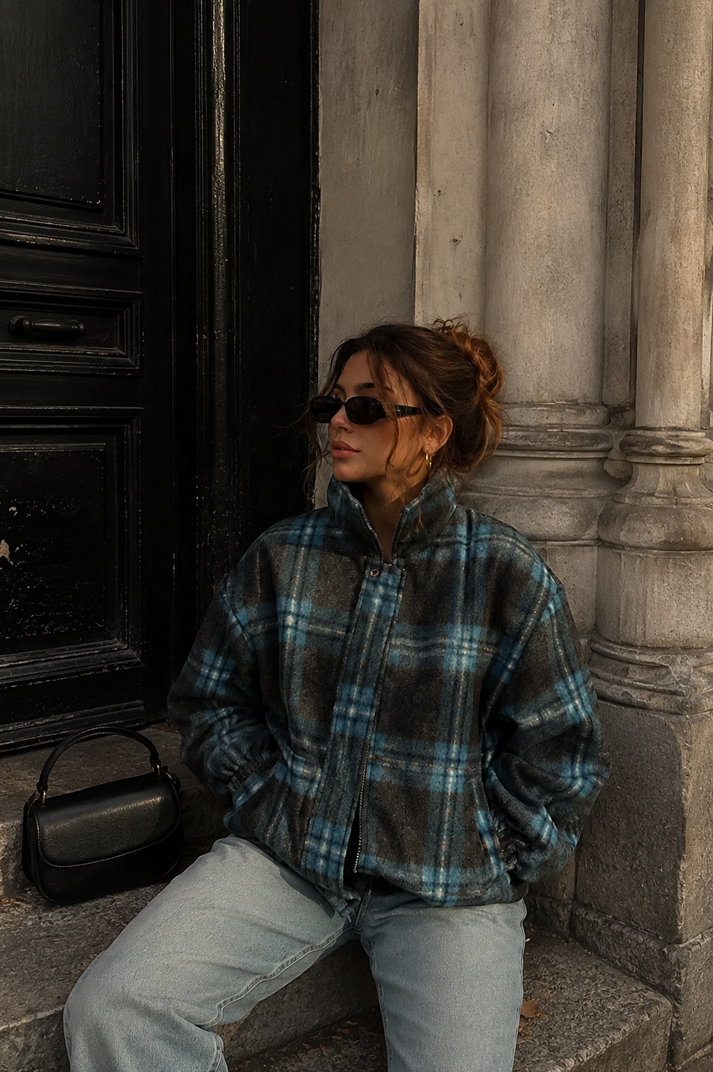 Women’s Panelled Plaid Zip-Up Jacket with Stand Collar for Casual & Everyday Wear