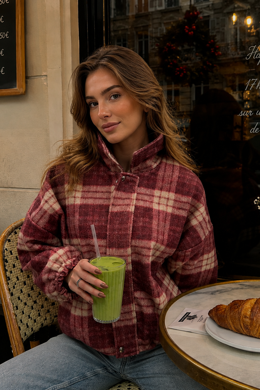 Women’s Panelled Plaid Zip-Up Jacket with Stand Collar for Casual & Everyday Wear