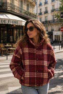 Women’s Panelled Plaid Zip-Up Jacket with Stand Collar for Casual & Everyday Wear