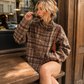 Women’s Oversized Plaid Cropped Jacket with Stand Collar & Pockets for Casual Wear