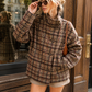 Women’s Oversized Plaid Cropped Jacket with Stand Collar & Pockets for Casual Wear