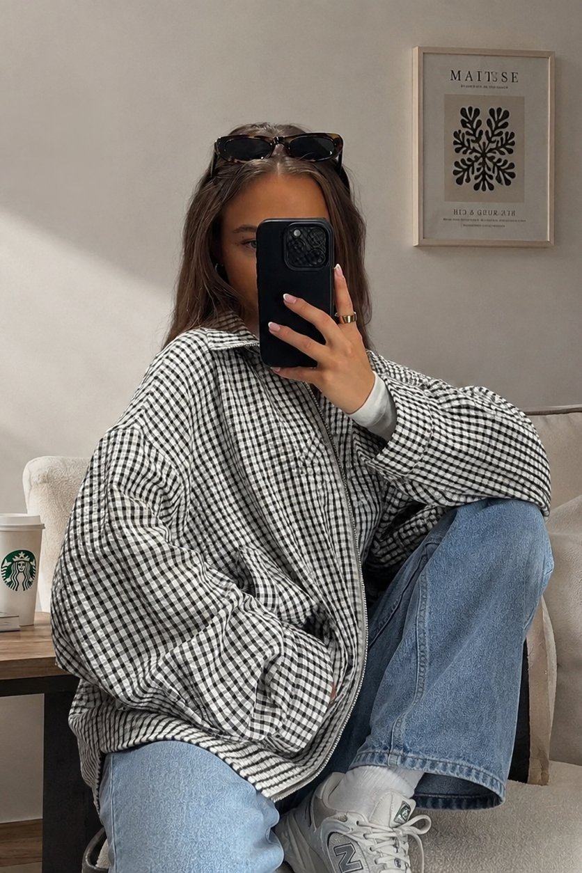 Women’s Oversized Plaid Cropped Bomber Jacket with Zip Front
