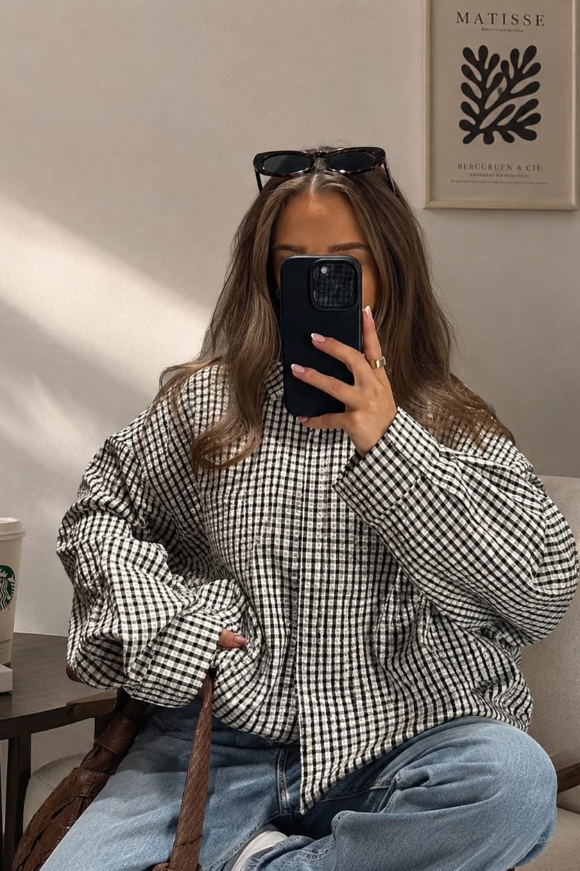 Women’s Oversized Plaid Cropped Bomber Jacket with Zip Front
