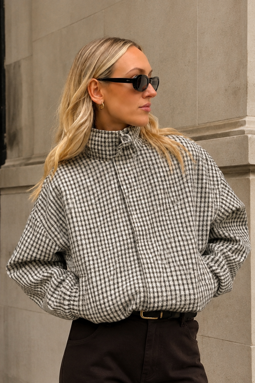 Women’s Oversized Plaid Cropped Bomber Jacket with Zip Front